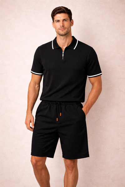 oneoff Men's Zippered Polo Collar Shorts Sports Set Summer Casual Combination