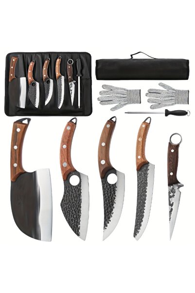 Generic طقم سكاكين جزار مكون من 8 قطع | شفرات مطروقة ومتينة | سكاكين حادة لتق...