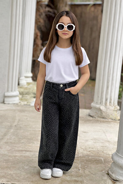 DUDOR KİDS KIZ ÇOCUK SİYAH KOMPLE TAŞLI KOT PANTOLON (JEANS-DENİM)-BAYRAMLIK