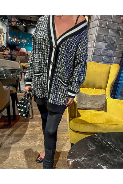 satya Black and White Tweed Texture Classic Oversized Knitwear Cardigan