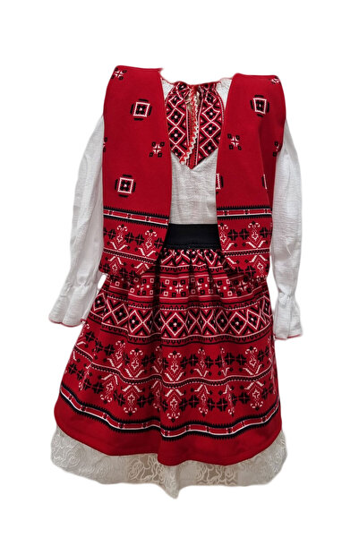 fantasialand Costum traditional fetite 3 piese, HTCTF 111, culoare rosie