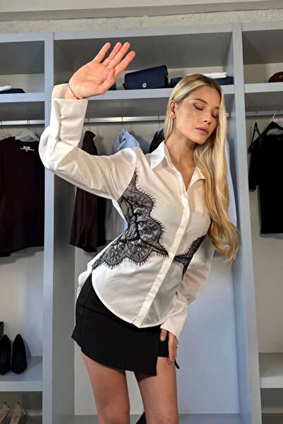 Eka Women's White Back-Tie Front Lace Detailed Shirt 1041-2820