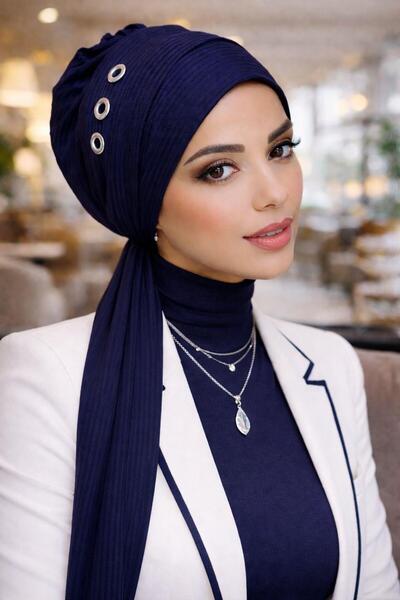 Aişe tesettür Navy Blue Metal Detailed With Scarf Bone