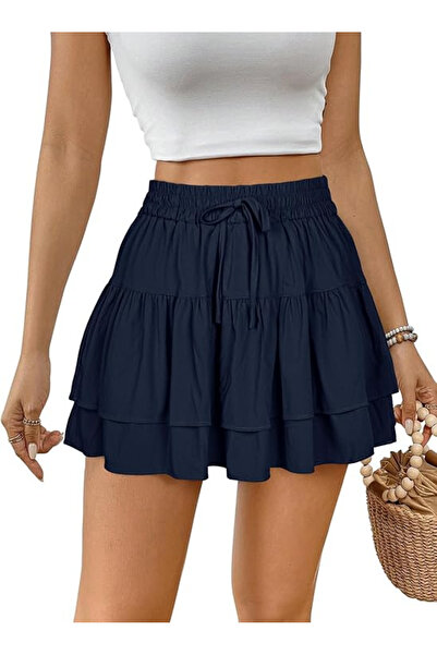 REORIA Women's pleated, flared sports skirt, elastic waist, blue L