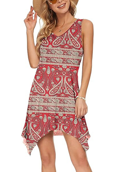 AUSELILY Short beach dress with rustic pattern, sleeveless, M