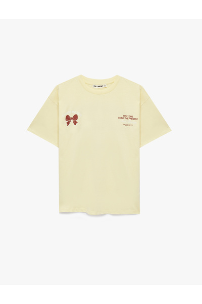 Koton Tricou oversize cu mânecă scurtă, cu decolteu, cu fundă, imprimat pe spate