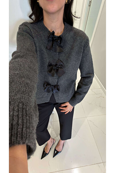 BİRCANÇİL Setana Anthracite Bow Detailed Cardigan