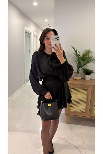BİRCANÇİL Mudras Siyah Vatkalı Şifon Elbise