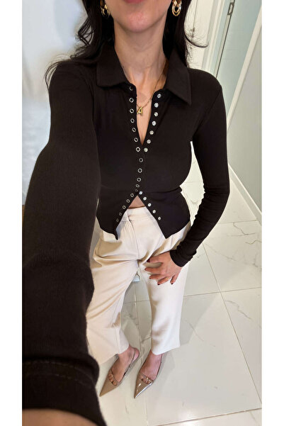 BİRCANÇİL Herta Coffee Polo Collar Snap Button Blouse