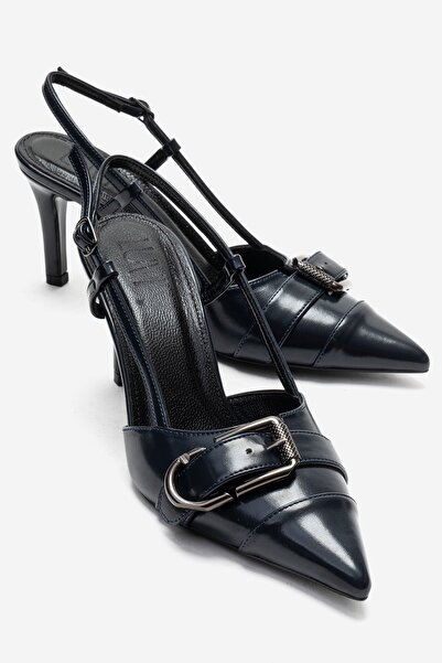 LuviShoes Noen Navy Blue Leather Buckle Pointed Toe Women's Heeled Shoes