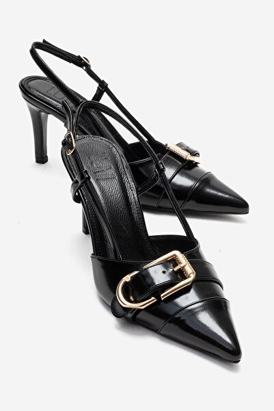 LuviShoes NOEN Siyah Cilt Tokalı Sivri Burun Kadın Topuklu Ayakkabı