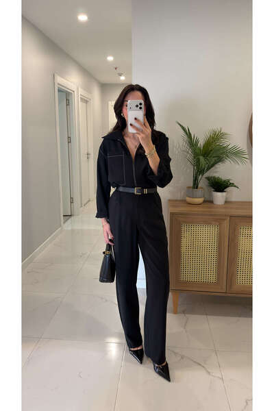 BİRCANÇİL Winna Black Contrast Stitched Tencel Suit
