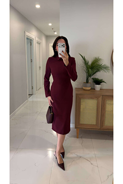 BİRCANÇİL Rochie căptușită cu mânecă lungă Tussen Bordo