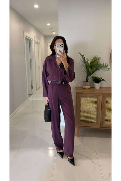 BİRCANÇİL Winna Plum Contrast Stitched Tencel Set