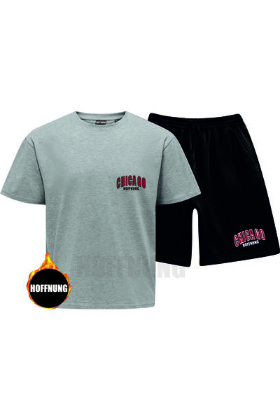 HOFFNUNG Unisex Casual Short Sleeve Set with Chicago Print Outdoor Spring/Sum...