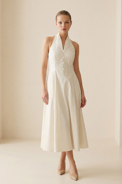 Setre Cream Asymmetrical Collar Detailed Waist-Fitted Comfortable Cut Midi Dress