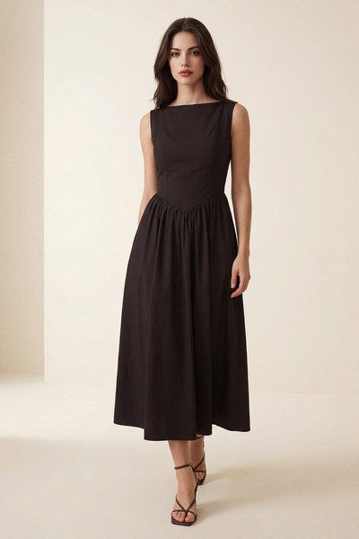 Setre Acı-Kahve Kolsuz Belden Oturtmalı Midi Boy Elbise