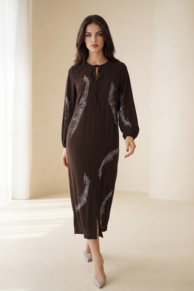 Setre Πολύ καφέ φόρεμα με λεπτομέρεια δεσίματος στο λαιμό, μακρυμάνικο, με σχ...