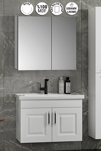 ÖZCEDEN Salkım 65 cm Beyaz Balon MDF Seramik Lavabolu Asma Banyo Dolabı Takımı