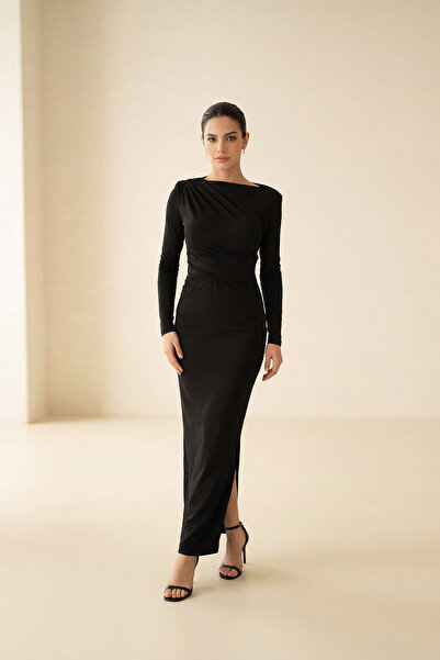 Setre Black Asymmetrical Drape and Ruffle Detailed Long Sleeve Full-Fit Midi ...