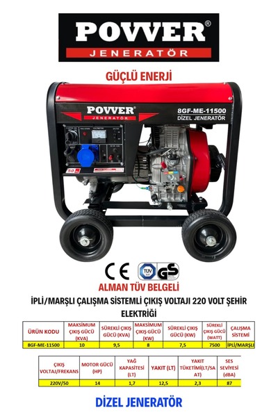 POWER 8GF-ME-11500 10 Kva İPLİ MARŞLI DİZEL JENERATÖR