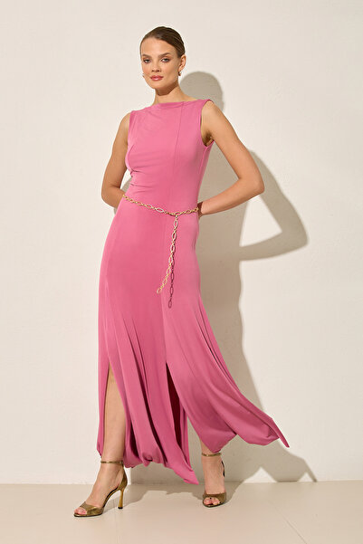 Setre Pink Sleeveless Full-Fit Chain Belted Skirt Hem Asymmetrical Cut Midi L...