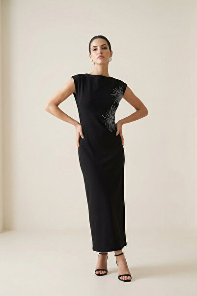 Setre Black Midi Dress with Stone and Sleeve Detail at the Waist