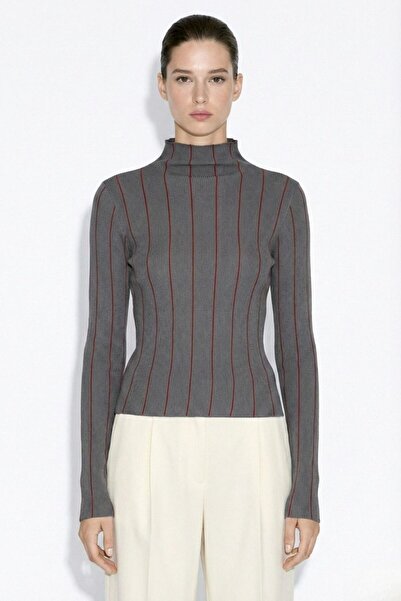 Mizalle Antrasit-bordo Dik Yaka Antrasit Bordo Çizgili Triko Kazak