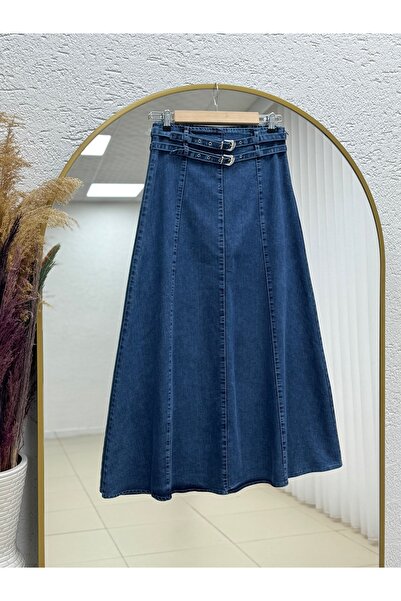 BENAHOLL İzgi Double Belted Stitched Denim Skirt-Aa4349 Denim Color