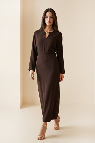 Setre Bitter Brown Long-Sleeved Midi Dress with Accessory Detail at the Neck ...
