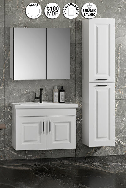 ÖZCEDEN Salkım 80+35 cm Beyaz Balon MDF Seramik Lavabolu Asma Banyo Dolabı Ta...