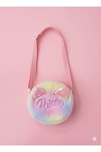 moimaaksesuar Girl's Plush Shoulder Bag - Rainbow Colored Round Strap Bag