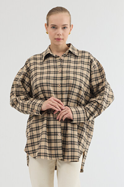 MOVİMENT Beige Oversize Cut Long Sleeve Plaid Shirt with Button and Pocket De...