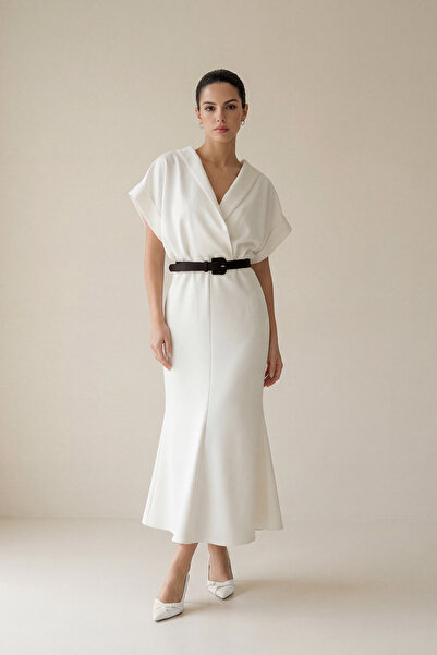 Setre Ecru Double-Breasted Collar, Short Sleeve Belt Detailed Long Dress