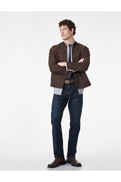 Koton Long Sleeve Flap Pocket College Collar Zippered Faux Suede Bomber Jacket