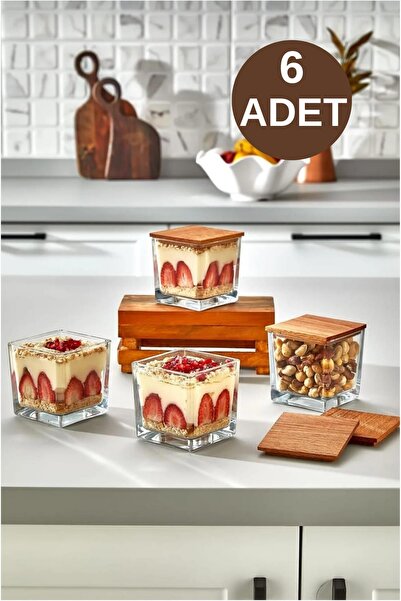 İLİVA 6-Piece Luxury Glass Dessert and Magnolia Bowl Set with Wooden Lids, Sq...