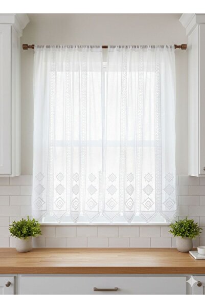 VANESSA PERDE Mutfak Perdesi Keten Zemin Üzerine Ağır Aplike Tül Perde Briz v...