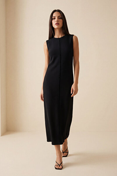 Setre Μαύρο φόρεμα με λαιμόκοψη ποδηλάτου, αμάνικο, με πέτρινη λεπτομέρεια, μ...