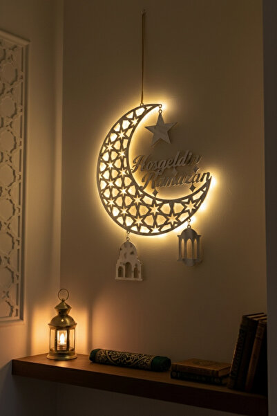 Wooden Factory Hoşgeldin Ramazan Aynalı Pleksi Duvar Süsü, Ay Desenli Ahşap R...