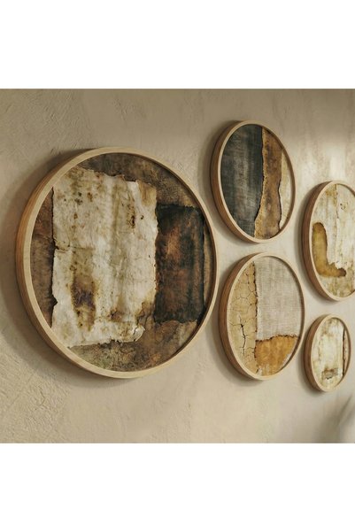 huhuli Wabi Sabi Set of 5 Round Paintings - Japandi Wall Decor with Natural Birch Wood Frame Huhu866 - Round Painting Set