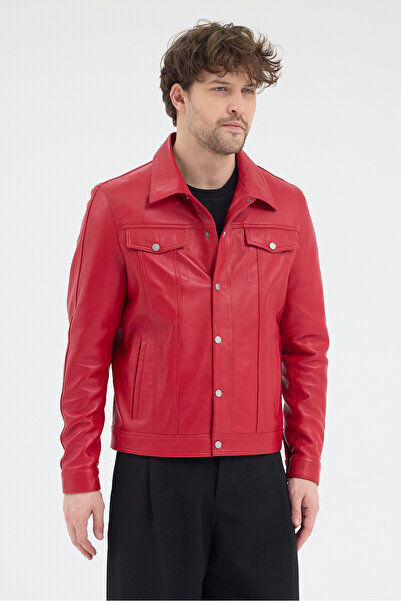 MALPcollection Erkek Kırmızı Renk Hakiki Deri Ceket Gömlek Yaka