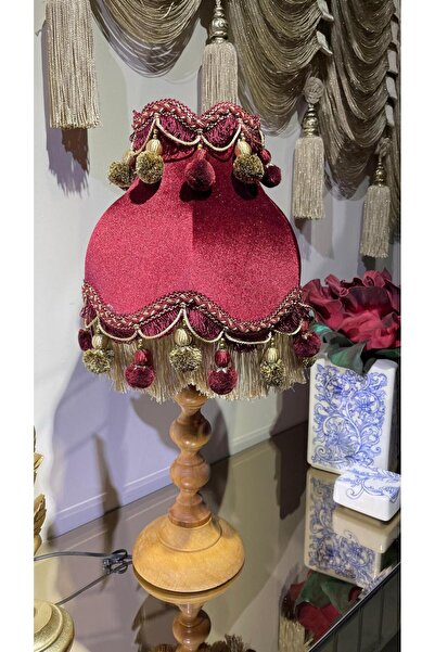 gökkuşağıçeyiz Bordo Vintage Abajur Kadife Kumaş Kaplama Ahşap Ayak
