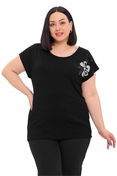 DISENTIS MODEST Plus Size Low Short Sleeve Daisy Patterned Black Blouse on th...