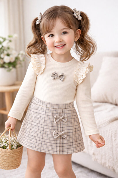 My Lusa baby wear Girl's Ruffle Detailed Cream Bow Detailed Knitwear Top and ...