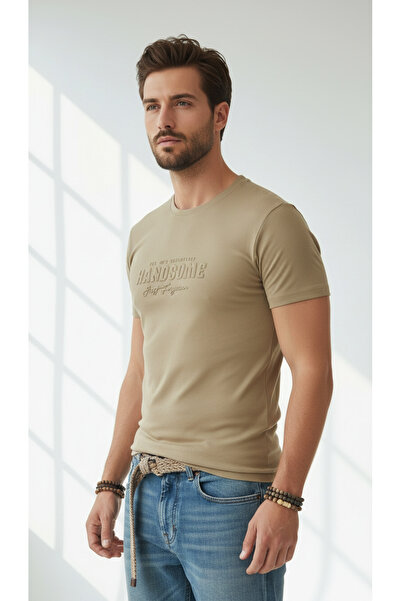 WERRONİ Men's Beige Slim Fit Embossed Printed T-Shirt