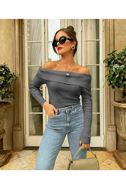 Kutaf Women's Boat Neck Ribbed Knitwear Blouse Long Sleeve Stretchy Bodysuit ...