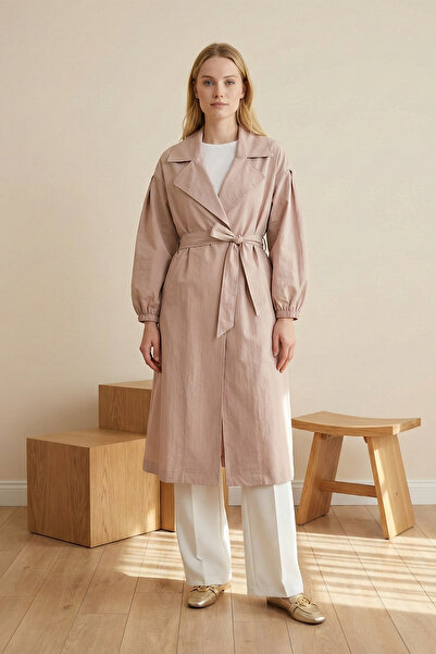 FERHEL Women's Double-Breasted Elastic Cuffed Belted Lined Seasonal Trench Coat