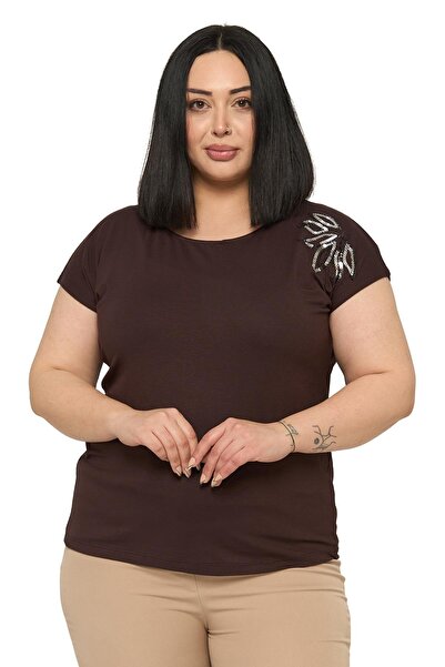 DISENTIS MODEST Plus Size Low Short Sleeve Leaf Patterned Brown Blouse on the...
