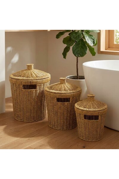 Roichil Set of 3 Interlocking Large Plastic Rattan Wicker Baskets, Multi-Purpose