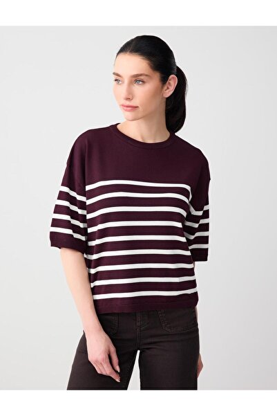 Jimmy Key Burgundy Crew Neck Elbow Sleeve Striped Knitwear Blouse